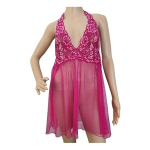 Sheer Lace Lingerie –sexy Hot Pink Nightgown